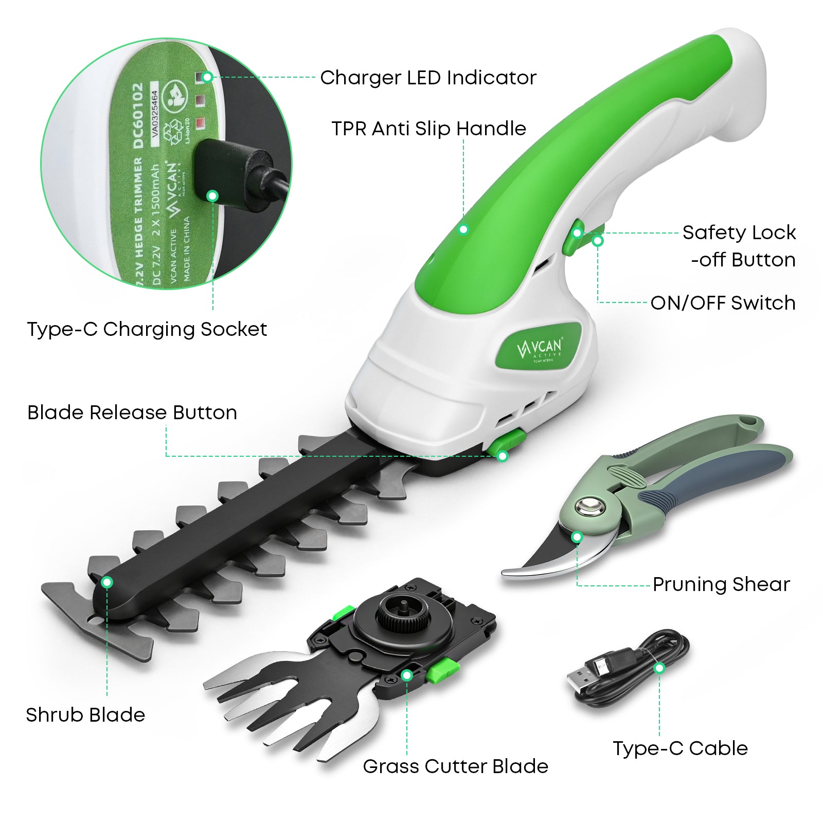 2-in-1 Hedge Trimmer Cordless & Grass Shear | 7.2V Handheld Electric Shrub Trimmer | Lightweight Rechargeable Battery with Type-C Cable | 2 * 1.5Ah Battery Powered for Garden, Yard, Lawn
