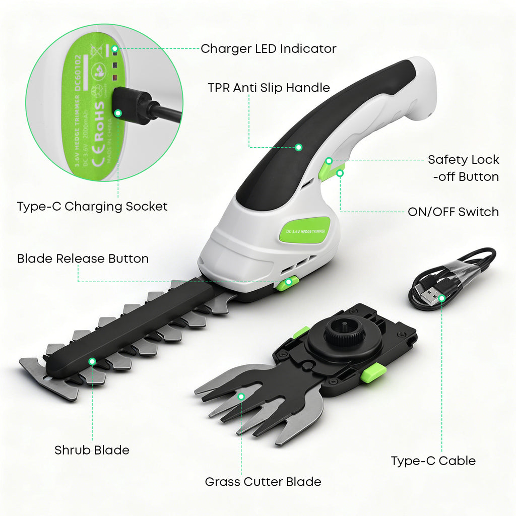 2-in-1 3.6V Cordless Hedge Trimmer