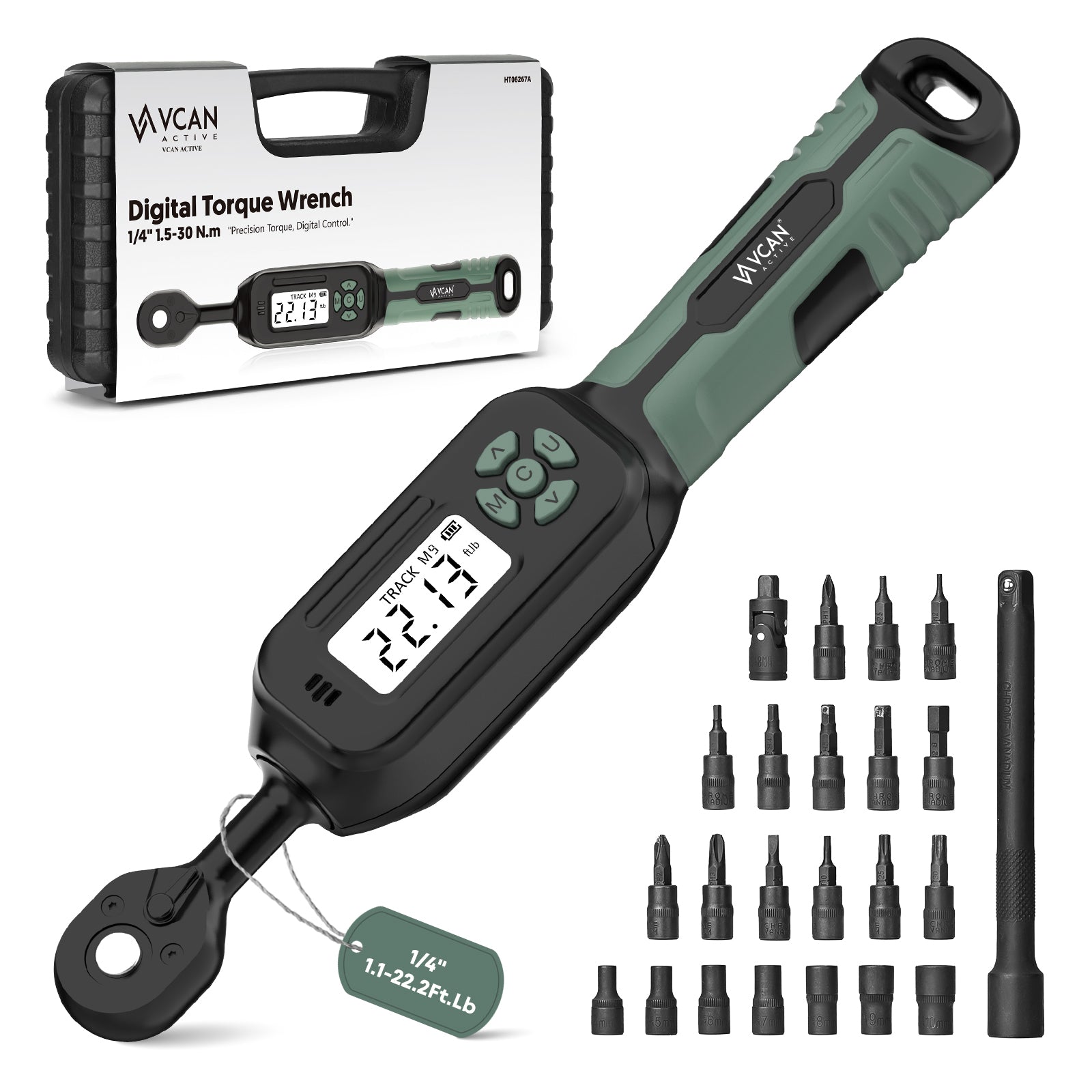 1/4 Torque Wrench Digital(1.1-22.2Ft.Lb) ±2% Accuracy Digital Torque Wrench 1/4 Drive with Buzzer and LED Flash Track Mode Inch Pound Torque Wrench Set with Bits & Sockets for Bike Moto Gunsmithing