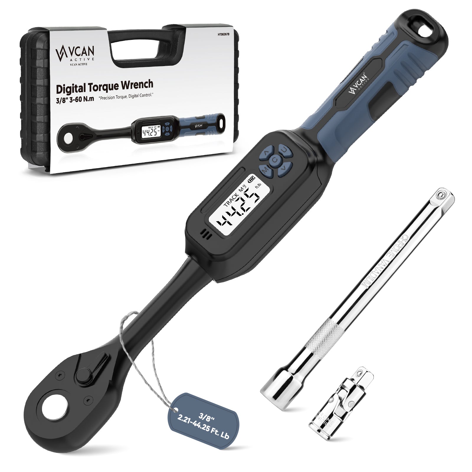 3/8 Torque Wrench Digital (2.21-44.25 Ft. Lb) ±2% Accuracy Digital Inch Pound Torque Wrench 3/8 Drive Ratchet with Buzzer LED Flash Track Mode/Universal Joint & 6" Xtension Bar for Bike Moto Auto